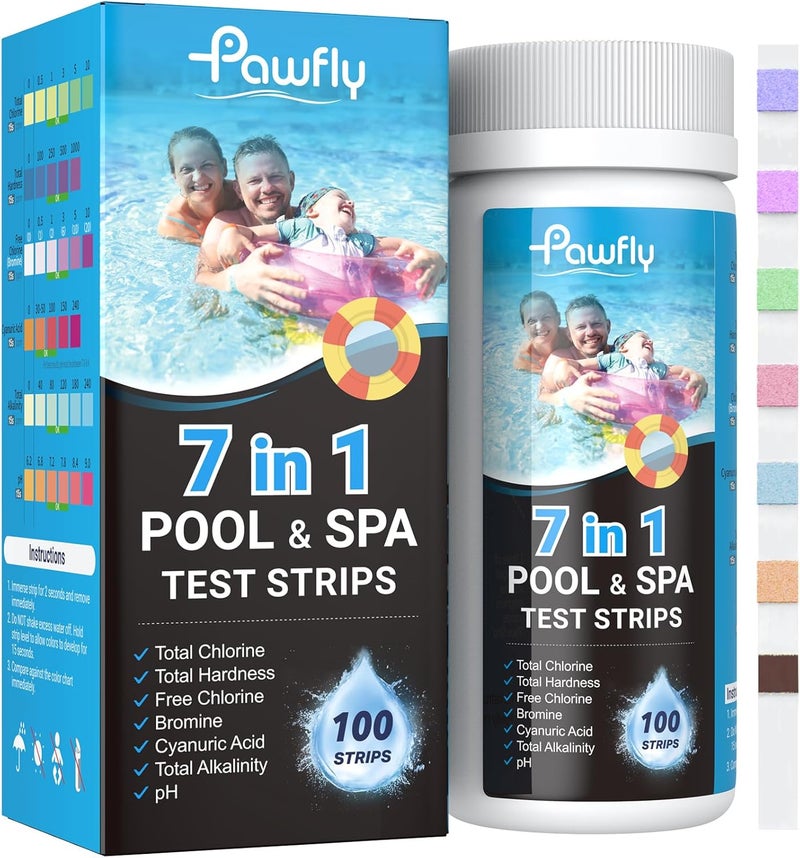 Pawfly 100 Pcs Pool Test Strips 7 in 1 Digital Water Testing Kit, Spa & Hot Tub Test Strips for pH, Total Hardness, Total Chlorine, Free Chlorine, Total Alkalinity, Cyanuric Acid & Bromine - Image 1